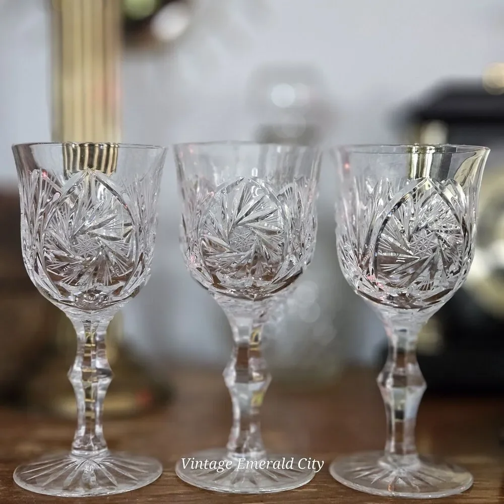 Vtg American Cut Crystal Co. ELEANOR Star & Fan Cut Pattern Wine Goblet Set Of 3